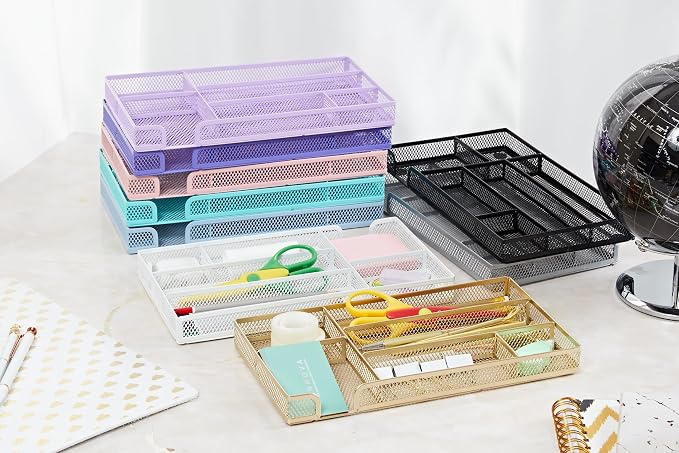 Annova Desk Drawer Organizer Tray for Office Organization - Metal Mesh - Storage Tray with Dividers for Pens, Desktop Accessories, Bathroom, Kitchen, Makeup and Office Supplies (Small, Turquoise)
