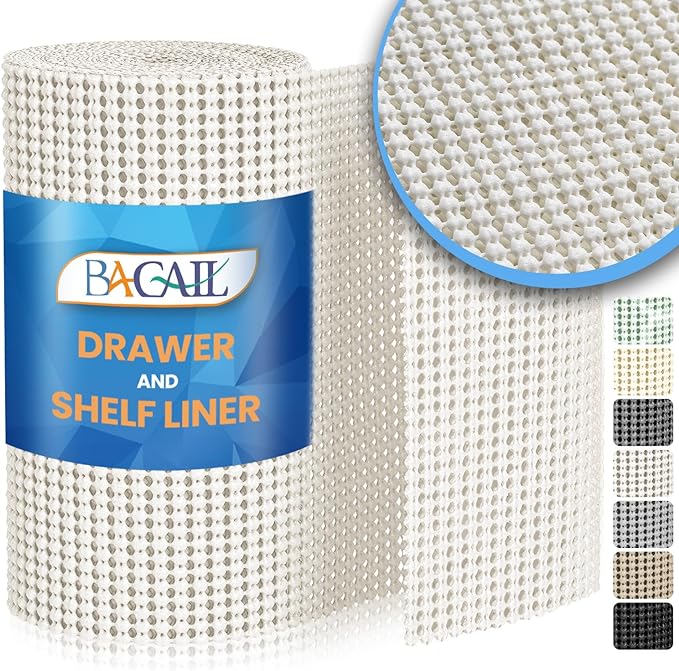 BAGAIL Non-Adhesive Shelf Liner, Thick Strong Grip Drawer Liners for Kitchen Cabinets, Heavy-Duty Easy Cut Cabinet Liners for Shelves, Pantry, Bathroom Cupboards - 12" x 10FT, White