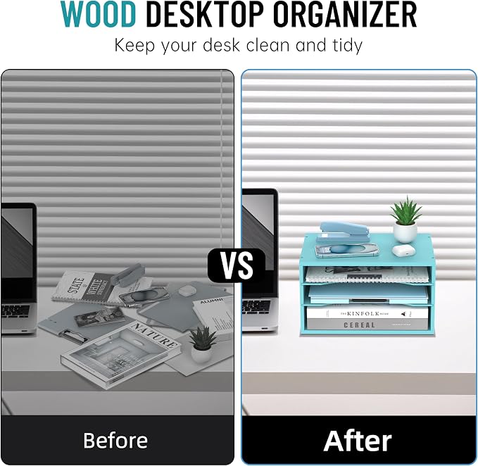 Wood Desk Organizer, 3 Tier Paper Tray Organizer for Desk with Adjustable Storage Shelves, Desktop File Organization Paper Sorter Mail Holder for Office Home Classroom, Blue