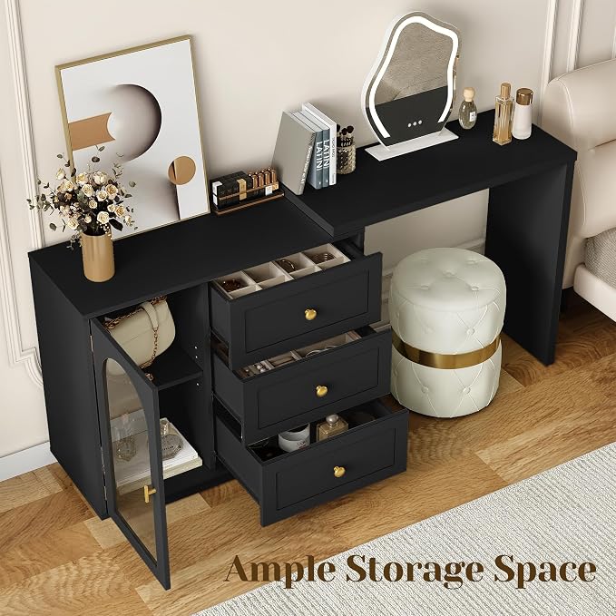 FansaFurn 59" L-Shaped Vanity Table with 3 Drawers & 1 Door, Extendable Makeup Vanity Desk, Modern Dressing Table for Bedroom, Dressing Room, Black