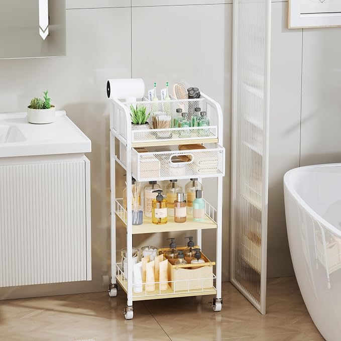 HapiRm Makeup Organizer Storage Cart - 4 Tier Skincare Make Up Storage with Drawer, Rolling Makeup Cart Vanity Organizer Cosmetics Display Cases Holder for Skin Care Perfume Nail Polish Brush