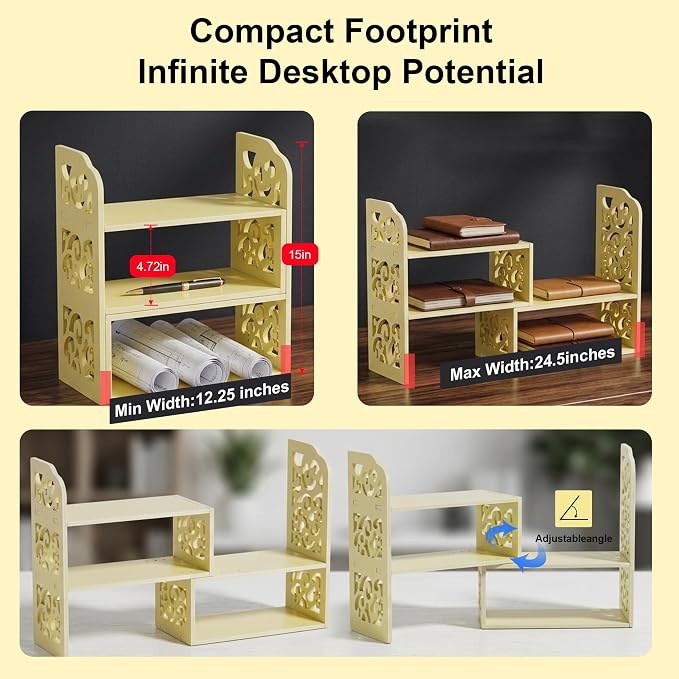 YGYQZ Adjustable Desktop Organizer Shelf – Space-Saving Desk Shelves & Desktop Bookshelf for Office, Home & Dorm – Sturdy PVC Desk Book Organizer with Non-Slip Feet, Easy Assembly