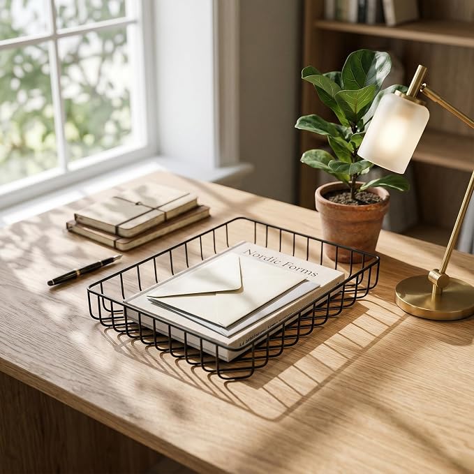 Elegant Gold Wire Desk Tray Organizer - Multipurpose A4 Letter Size File Tray, Premium Metal Mesh Document & Magazine Holder, Luxury Storage Basket for Office, Vanity, & Bathroom,Black