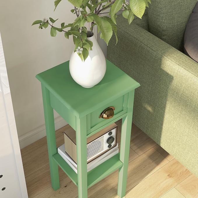 HOMCOM Narrow End Table with Drawer and Bottom Shelf, Slim Side Table for Small Spaces, Skinny Modern Accent Desk for Living Room, Set of 1, Green