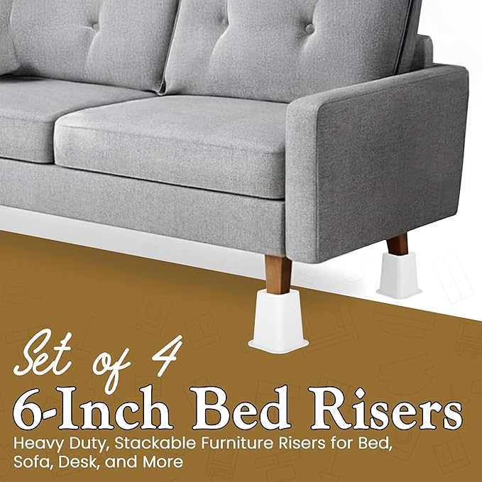 Kings Brand Furniture 6-inch Bed Risers - Set of 4 White Heavy Duty Stackable Furniture Risers for Under Bed Storage, Desk, Sofa, Couch