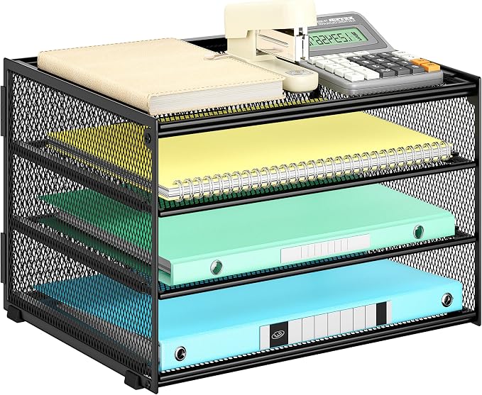 Lavatino 3-Tier Letter Tray Desk Paper Organizer – Black Mesh Metal File Tray Organizer for Desk, Office Supplies & Home Organization | Fits A4/Letter Paper, Mail, Magazines and Office Accessories