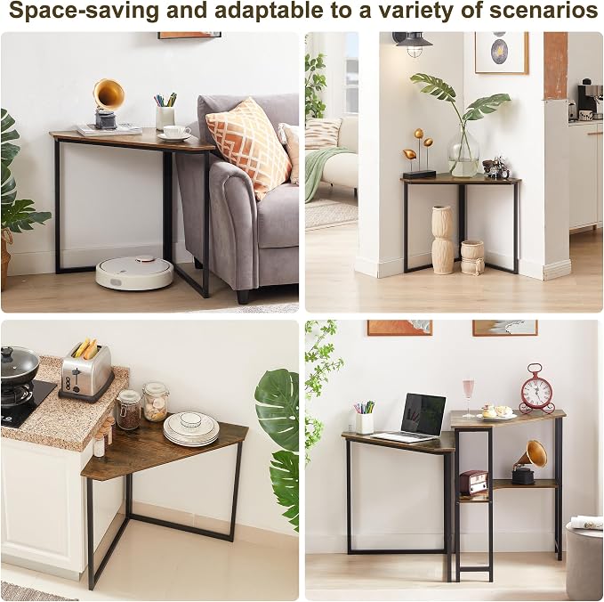 VECELO Ϲоrnеr Desk, Corner Tables for Living Room for Small Space Triangle Computer Desk with Steel Frame Ϲоrnеr Shelves with Metal Frame Ϲоrnеr Writing Desk for Workstation Brown 33.1"