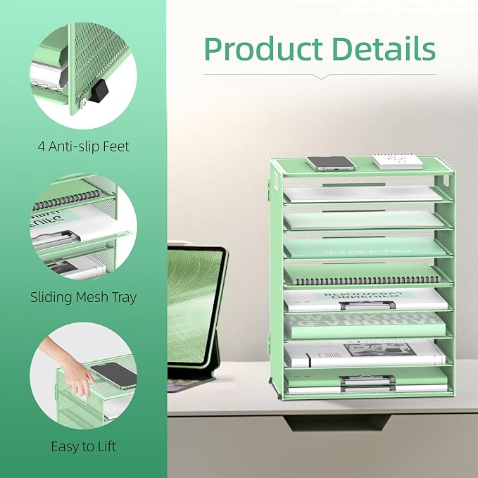 DALTACK 9-Tier Paper Organizer for Desk, Mesh Letter Tray Desk Organizer with Handles, Space-Saving File Organizer for Office Home School Classroom, Mint Green, 2 Pack