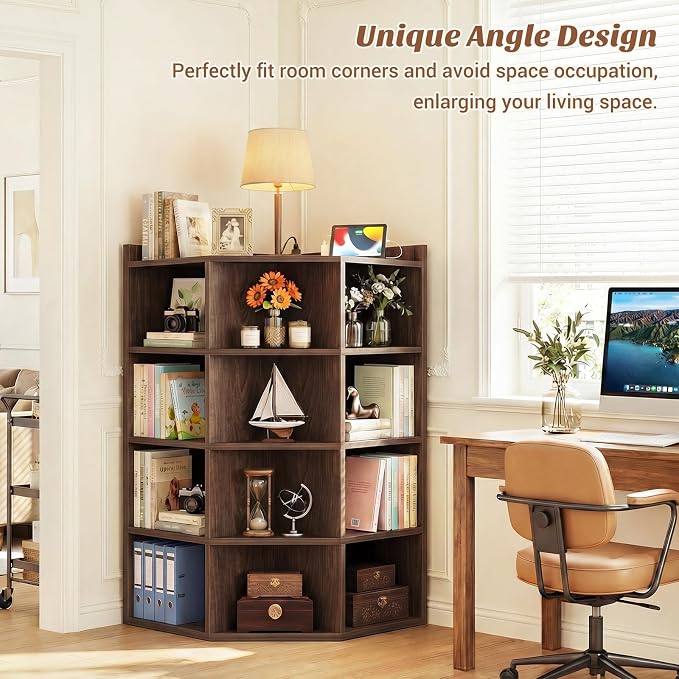 Aheaplus 5-Tier Corner Cube Bookshelf with Power Outlets, Wooden Corner Storage Cabinet with 12 Cubes, Corner Cube Organizer Shelf with Top Table, L Shaped Cubby Bookcase for Home Office, Black Walnut