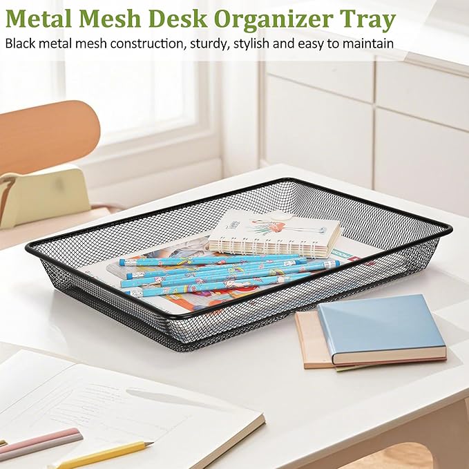 Office Metal Mesh Basket for Desk, Single Paper Tray Organizer, Turn in Trays Classroom, Flat Mail Letter Storage Basket for Office Home Drawers School, Black (1 Pack)