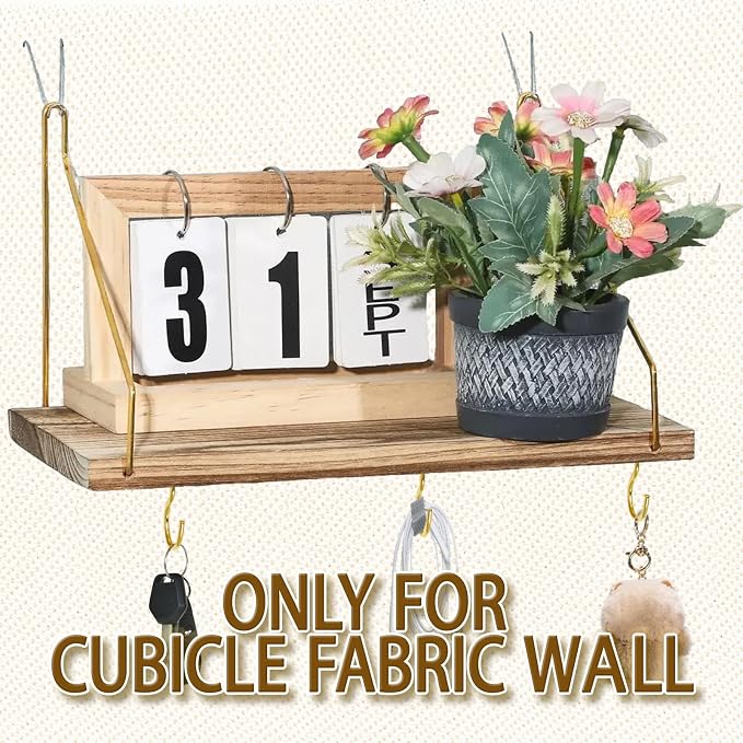 2-Pack Cubicle Shelf For Fabric Walls With Hooks：12x6.0in Wooden Cubicle Shelf Hanging Organizer Gold Shelves For Accessories Office Stylish Ations cubical Decorations For Women Desk work storage