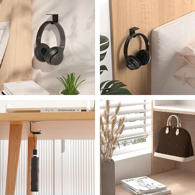 HomeMount Headphone Hook Under Desk - Headphone Holder Under Table, Adhesive Gaming Headphone Stand Hanger Desk Mount for Most Headphone(Black-2P)