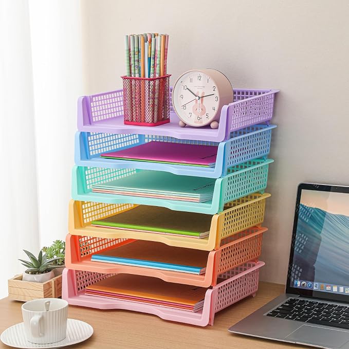 Teenyyou Set of 12 Colorful Turn in Trays Classroom Plastic Stackable Paper Tray Classroom Teachers Desk Organizer Bin for Office Home Teachers Organization and Storage,9 x 13 x 3 Inches(Morandi)