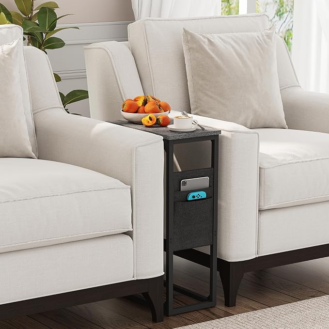 TUTOTAK C Shaped End Table, Side Table for Couch, Sofa Table with Storage Bag, TV Tray for Living Room, Bedroom, Charcoal Grey TB01BY0822