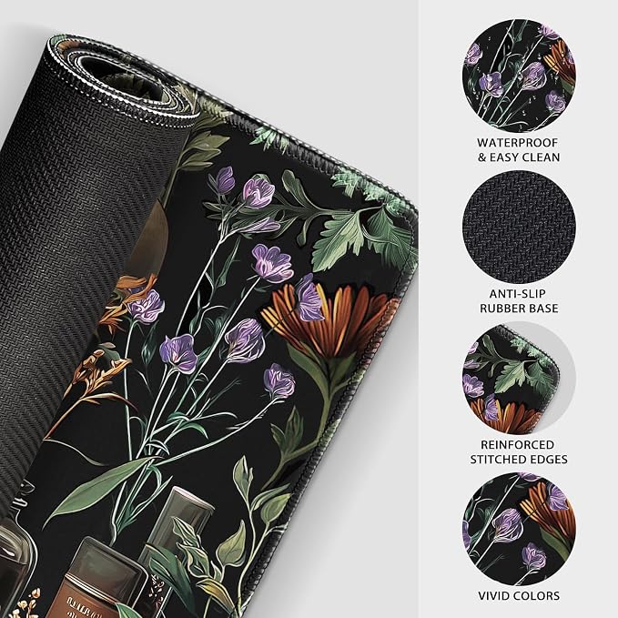 Large Gaming Mouse Pad 31.5x15.7 Inch, XXL Mousepad with Non-Slip Rubber Base & Stitched Edges, Extended Desk Mat for Computer/Laptop/Office/Home Goth Floral Black Mystical