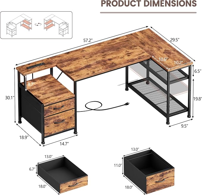 57 Inch L Shaped Computer Desk with Power Outlets, Reversible Home Office Desk with Fabric Drawers, File Cabinet, Printer Table, Metal Storage Shelves, Corner Desk for Small Space, Rusitc Brown