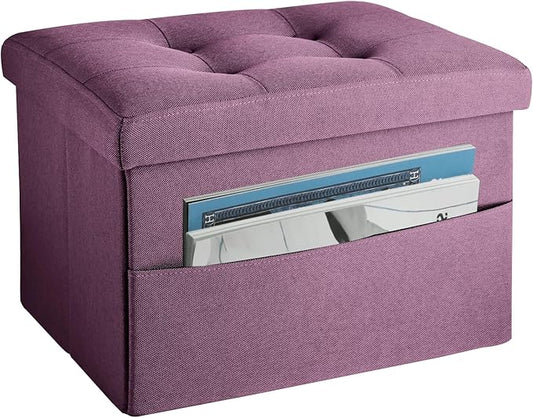 LINMAGCO Storage Ottoman Folding Foot Stool Foot Rest with Side Pocket Modern Ottoman with Storage Short Sofa Stool Linen Cloth 17x13x13(Purple)