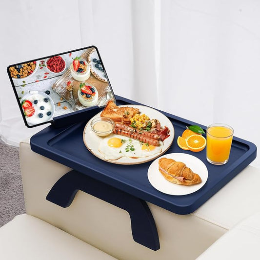SINWANT Couch Armrest Table, Bamboo Couch Arm Table with 360° Phone Holder,Foldable Sofa Arm Tray for Eating Drinking Snacks Remote on Chair Armrest
