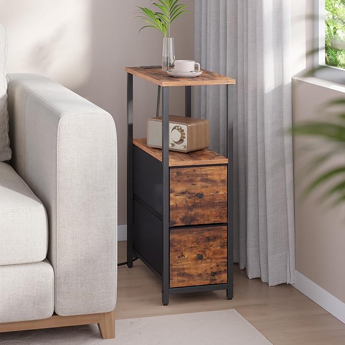 TUTOTAK Small Narrow End Table with Charging Station, Set of 2, Side Table with Outlets, Nightstand with 2 Cloth Drawers, Couch Table, for Living Room, Bedroom, Bedside, Brown TB01BB055