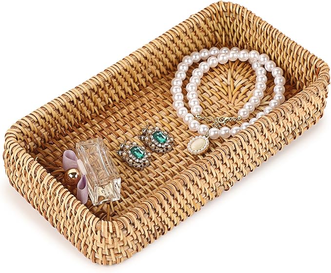 Hipiwe Key Basket for Entryway Table Natural Rattan Serving Tray Small Wicker Trays for Decor Fruit Bowl Decorative Baskets for Kitchen,Coffee Table