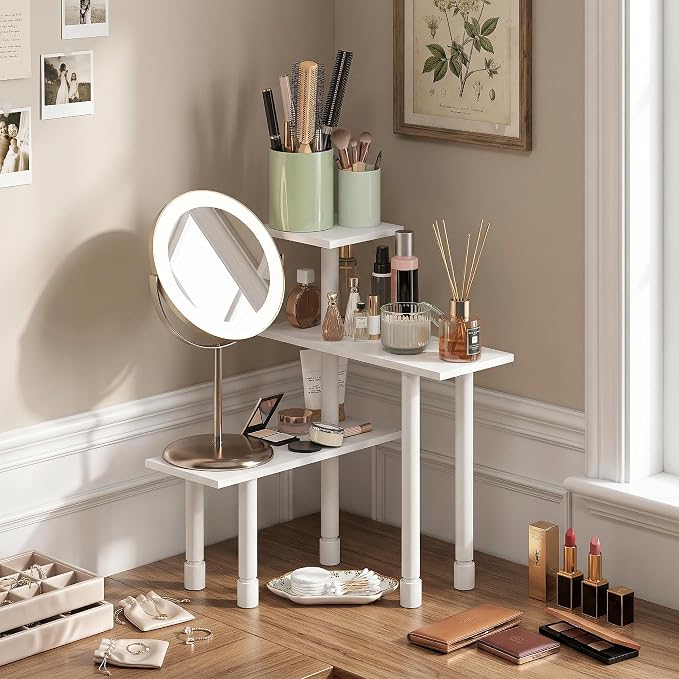 Furinno Turn-N-Tube Corner Shelf, 3-Tier Countertop Corner Organizer, Toolless Pantry Organizers and Accessories, Adjustable Table Top Shelf, for Vanity, Small Spaces, Kitchen, Bathroom, White