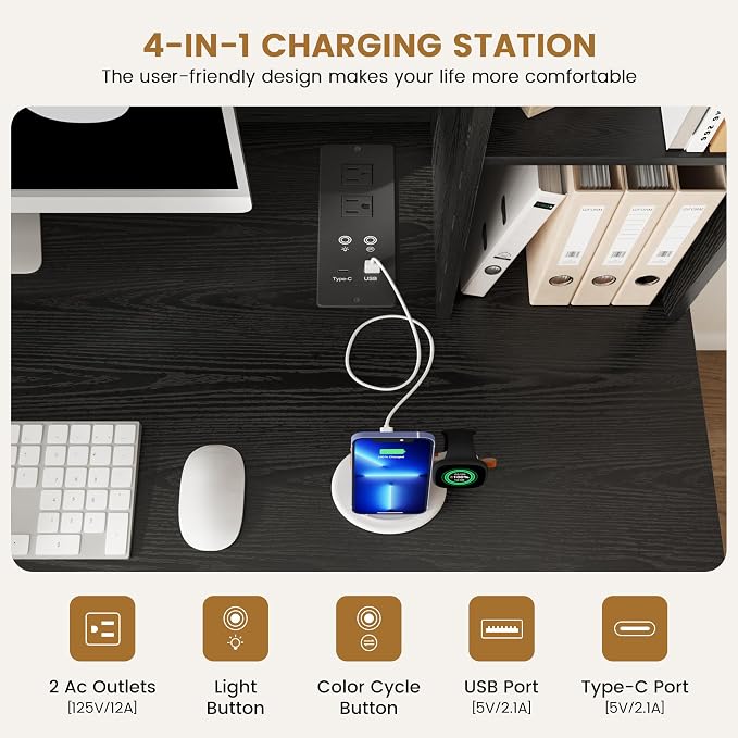 Modern Smart LED Study Desk with Hutch & Storage Cabinet - 3 Color LED Lighting, Card-Based Lock & USB Charging Ports, Multipurpose Computer Desk for Home Office & Student,Black