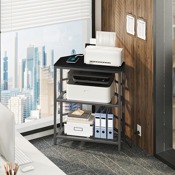 MAHANCRIS Corner Printer Stand with Charging Station, 3-Tier Large Printer Table with Adjustable Feet, Metal Frame Storage Shelf for Office, Living Room, Small Space, Black PTBK14E01