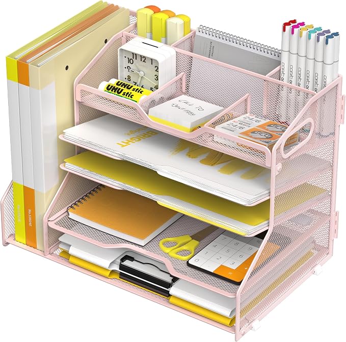 YINGHUA 5 Tier Paper Tray Letter Organizer with Top 6 Adjustable Compartments and File Holder - Paper Sorter Office Desktop Accessories with Handles for Document,Mail,School Supplies Storage,Pink