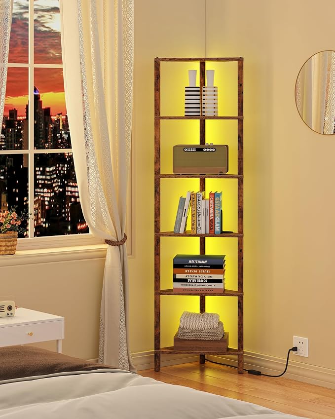 TUTOTAK Corner Shelf with LED Light, 6-Tier Corner Bookshelf for Small Space, Narrow Display Corner Shelf Stand with Storage Rack, for Living Room, Bedroom, Brown BS05BC006L