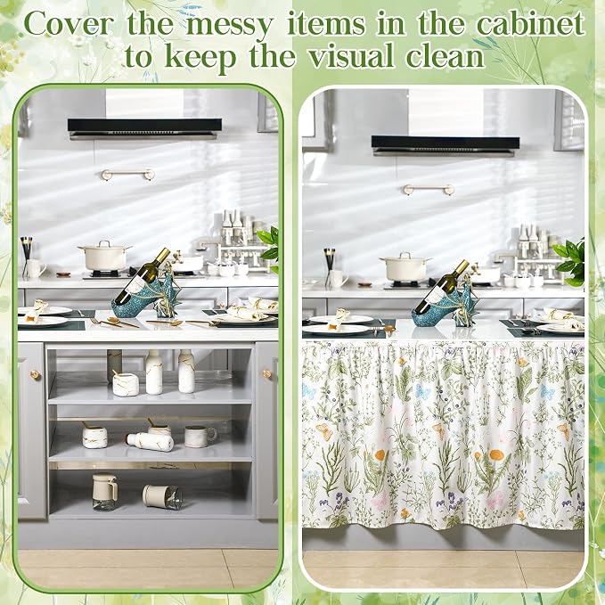 VitalCozy Cabinet Curtains 28"w x 51"L Sink Skirt for Bathroom Diamond Stitch Self Adhesive Waterproof Fabric Short Curtains for Kitchen Floral Dishwasher Curtain Cover for Home Farmhouse Rustic Drape