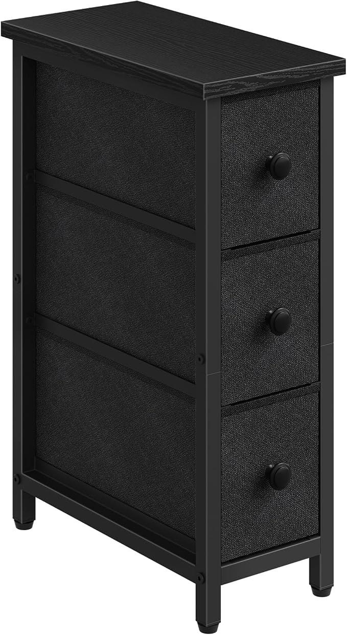 CHOEZON Narrow Side Table with 3 Fabric Drawers, Industrial Slim Bedside Table for Small Spaces, Bedroom, Living Room, Dormitory, Black TBZ09BB