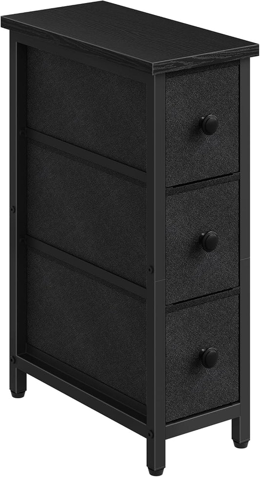 CHOEZON Narrow Side Table with 3 Fabric Drawers, Industrial Slim Bedside Table for Small Spaces, Bedroom, Living Room, Dormitory, Black TBZ09BB