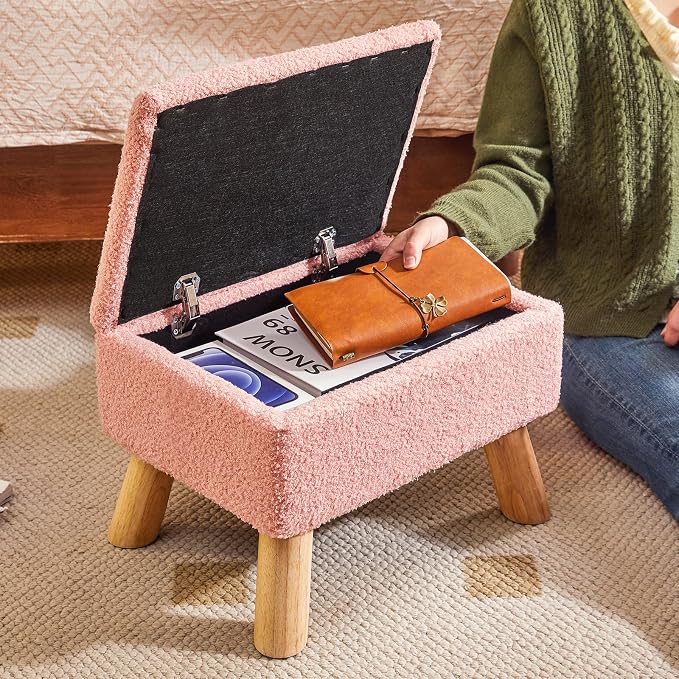 YMYNY Storage Ottoman,Small Foot Stool, 15.75"×11.81"×11.02" Pink,HBD042P | Teddy Velvet ,Sturdy Wood Legs, Foot Stool with Padded Seat, For Living Room Bedroom Couch Entryway
