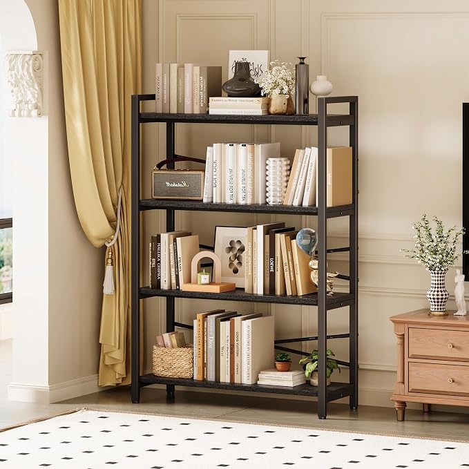 4 Tier Bookshelf 31.49" Width, Tall Book Shelf Storage and Organization, Wooden and Metal Industrial Bookcase, Large Book Shelves for Home Living Room Bedroom Office Storage(Black)