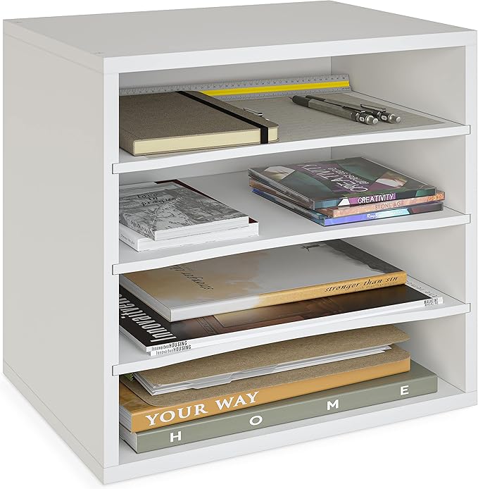 Ballucci 4-Tier Paper Organizer for Desk, Stackable Organizer Tray, Desk Storage Shelves, Stacking Letter Paper Tray Sorter for Classroom, Office, White