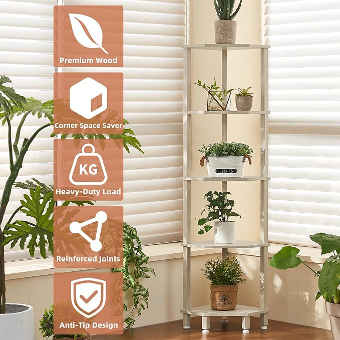 YUFAM 5-Tier Corner Shelf with Sturdy 5-Leg Base, Wooden Corner Bookshelf for Small Spaces, Corner Standing Shelf for Living Room, Bedroom, Office, Grey White