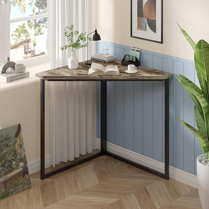 VECELO Corner Desk,Office Tables for Living Room for Small Space Triangle Computer Desk with Steel Frame Corner Shelves with Metal Frame Writing Desk for Workstation Classic Grey 33.1"
