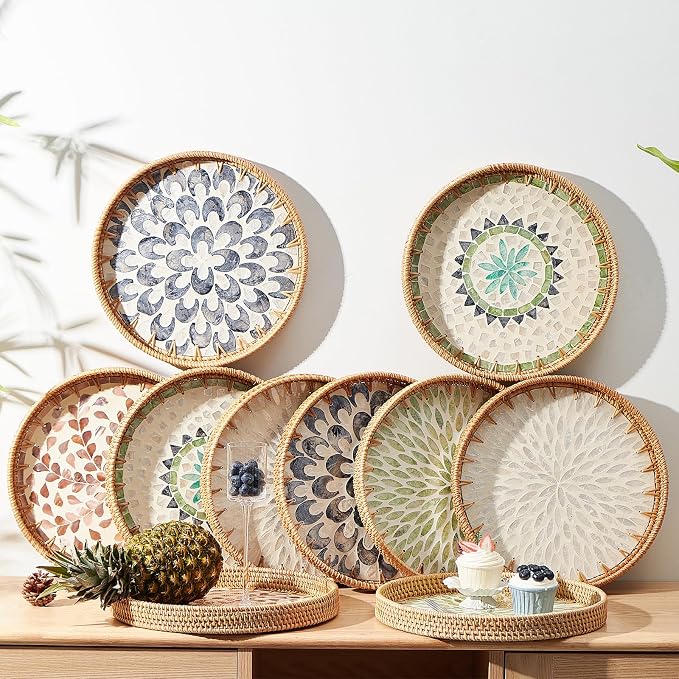 Kmelep Round Rattan Tray with Mother of Pearl Inlay, Rattan Serving Tray with Wooden Base, Decorative Wicker Basket for Table Decor, Storage and Display of Coffee Bread Food Fruit (Wicker)