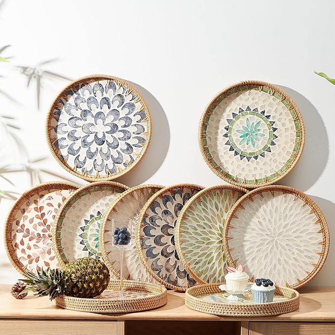 Kmelep Round Rattan Tray with Mother of Pearl Inlay, Rattan Serving Tray with Wooden Base, Decorative Wicker Basket for Table Decor, Storage and Display of Coffee Bread Food Fruit (Bohemia)