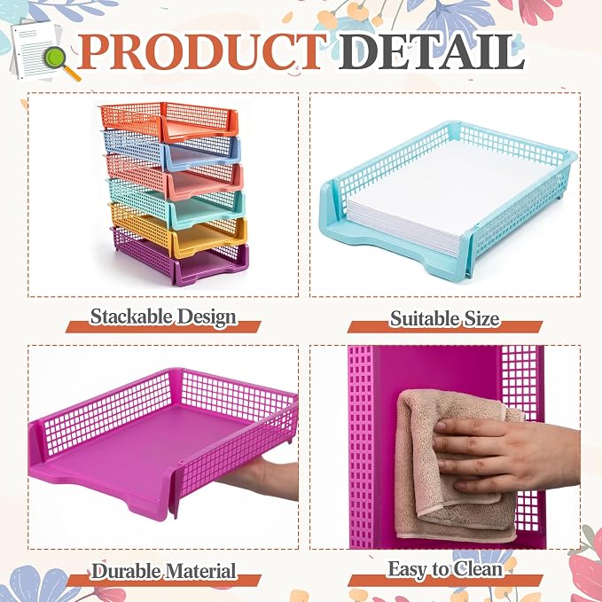 Geetery Set of 6 Plastic Trays for Teachers Turn in Trays Classroom Stackable Paper Tray Plastic Classroom Teachers Desk Letter Organizer Storage Baskets for Office, Desk, Home (Wildflower Color)