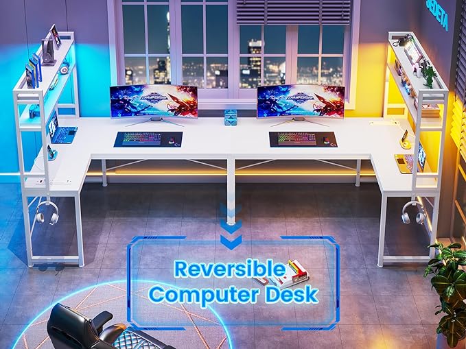 SEDETA White Corner Desk, Reversible 45.3” Small Computer Desk with Power Outlet and LED Lights, Corner Computer Desk with Hutch, Storage Shelves and Hooks for Small Space