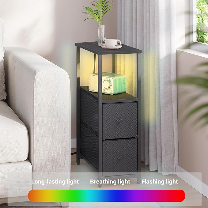 TUTOTAK Small Narrow LED End Table with Charging Station, Side Table Outlets, Nightstand with 2 Cloth Drawers, Set of 2, Couch Table, for Living Room, Bedroom, Bedside, Black TB01BK056
