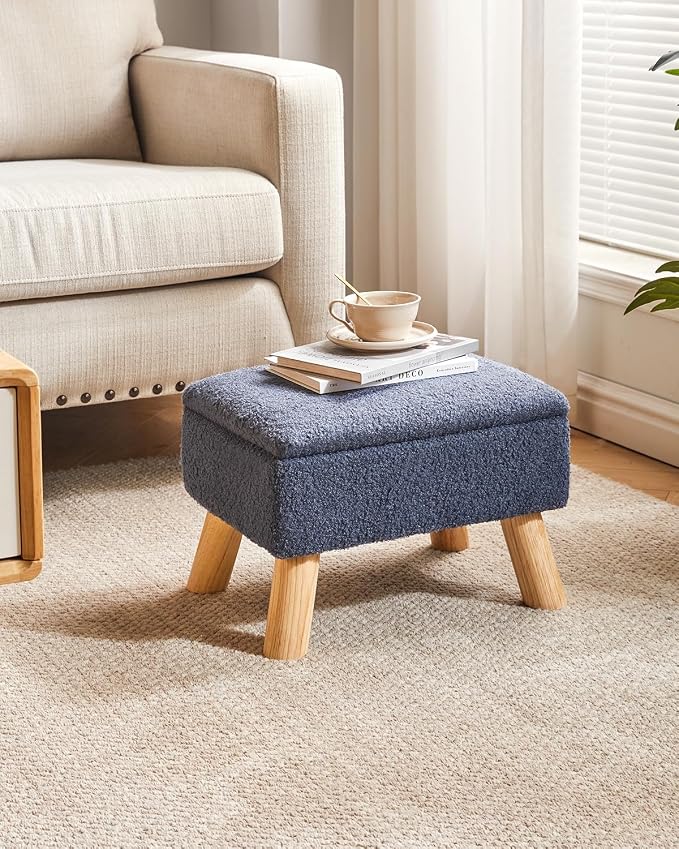 YMYNY Storage Ottoman,Small Foot Stool, 15.75"×11.81"×11.02" Blue,HBD042BU | Teddy Velvet, Sturdy Wood Legs, Foot Rest with Padded Seat, For Living Room Bedroom Couch Entryway