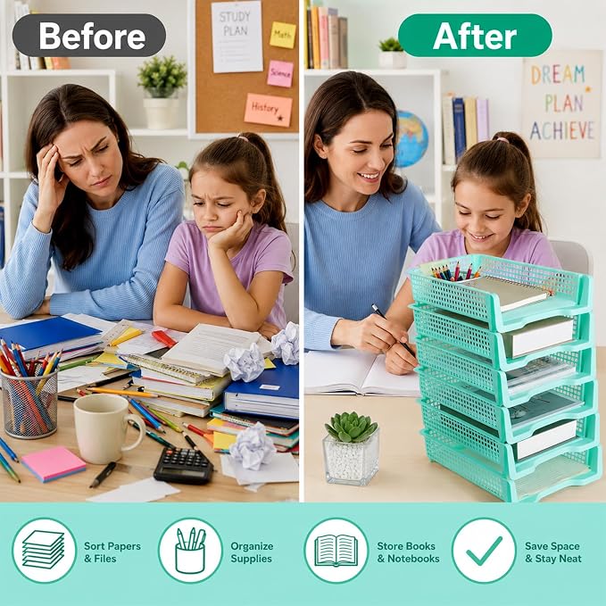Set of 6 Green Turn in Trays for Teachers Stackable Classroom Paper Letter Trays Plastic Classroom Desk Letter Organizer Tray Storage Baskets for Library, Drawers, Office, Home