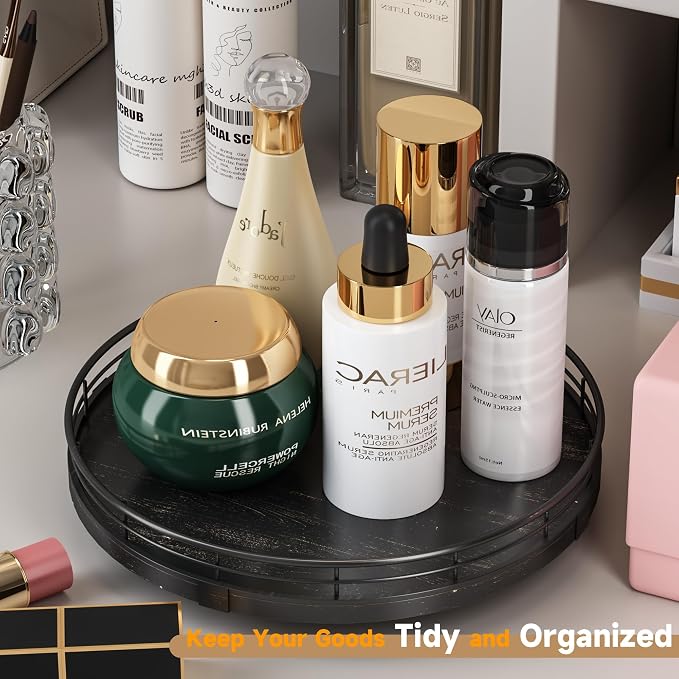 10" Oak Bathroom Vanity Tray Turntable for Perfume Candle, Round Wooden Decorative Tray for Kitchen Sink Countertop Organizer, Bathroom Counter Organizer for Skincare Makeup, Farmhouse Black Gold