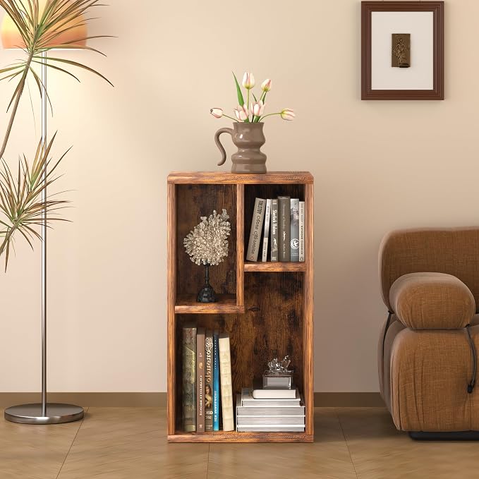 VECELO 11.8" Open Bookshelf, Waterproof Particle Board Asymmetrical Split Cubby Storage Organizer, Brown Uneven Compartment Display Cube for Tall Books, Bedroom Dorm Office