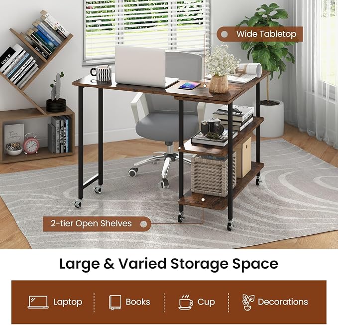 Tangkula 360° Rotating Sofa Side Table, Patented Mobile End Table with 2-Tier Storage Shelves, Swivel Rolling Desk with 6 Lockable Wheels, Metal Frame, Movable Laptop Table Couch Snack Table for Home