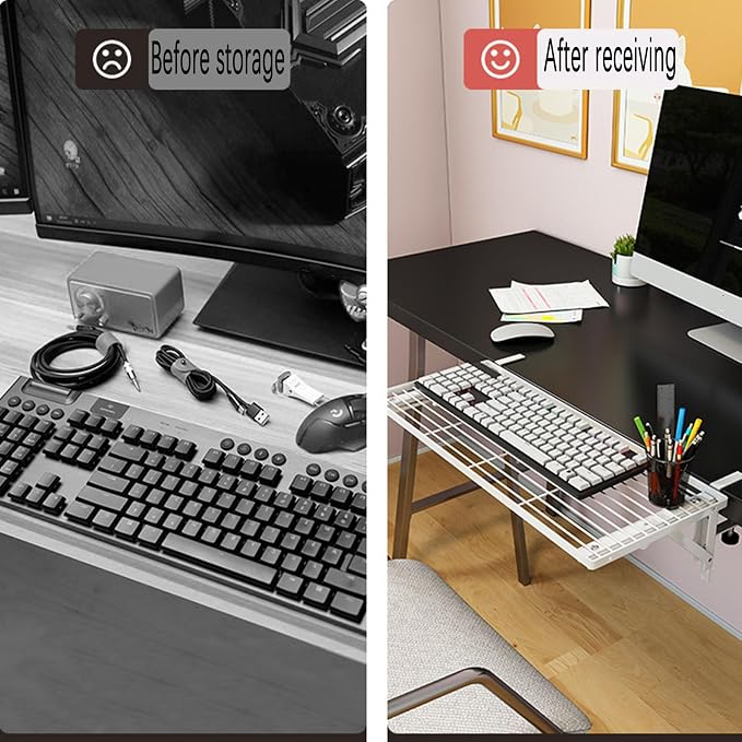 Desk Extender Side Table,Keyboard Tray,Desk Extender,No Drilling Installation，Carbon Steel Baking Paint，Can be Used for Desk Extension，Keyboard Tray Under Desk clamp (Skeletonization), White