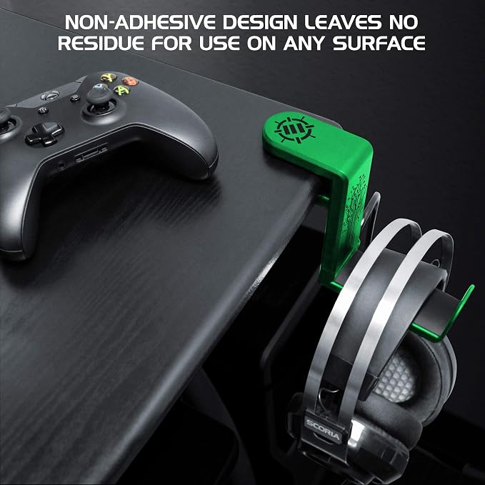 ENHANCE PC Gaming Headphone Holder - Desk Headphone Hanger Esports Headset Holder with Adjustable 360 Rotation, Under Desk Hook Clamp, Universal Fit - Built in Cable Clip Organizer - Green