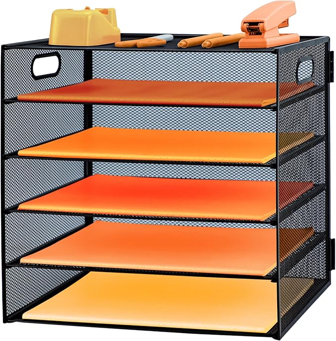 5-Tier Paper Letter Tray Organizer with File Holder，Paper Sorter Desk Organizer Metal mesh Desk Tray for Home Office School